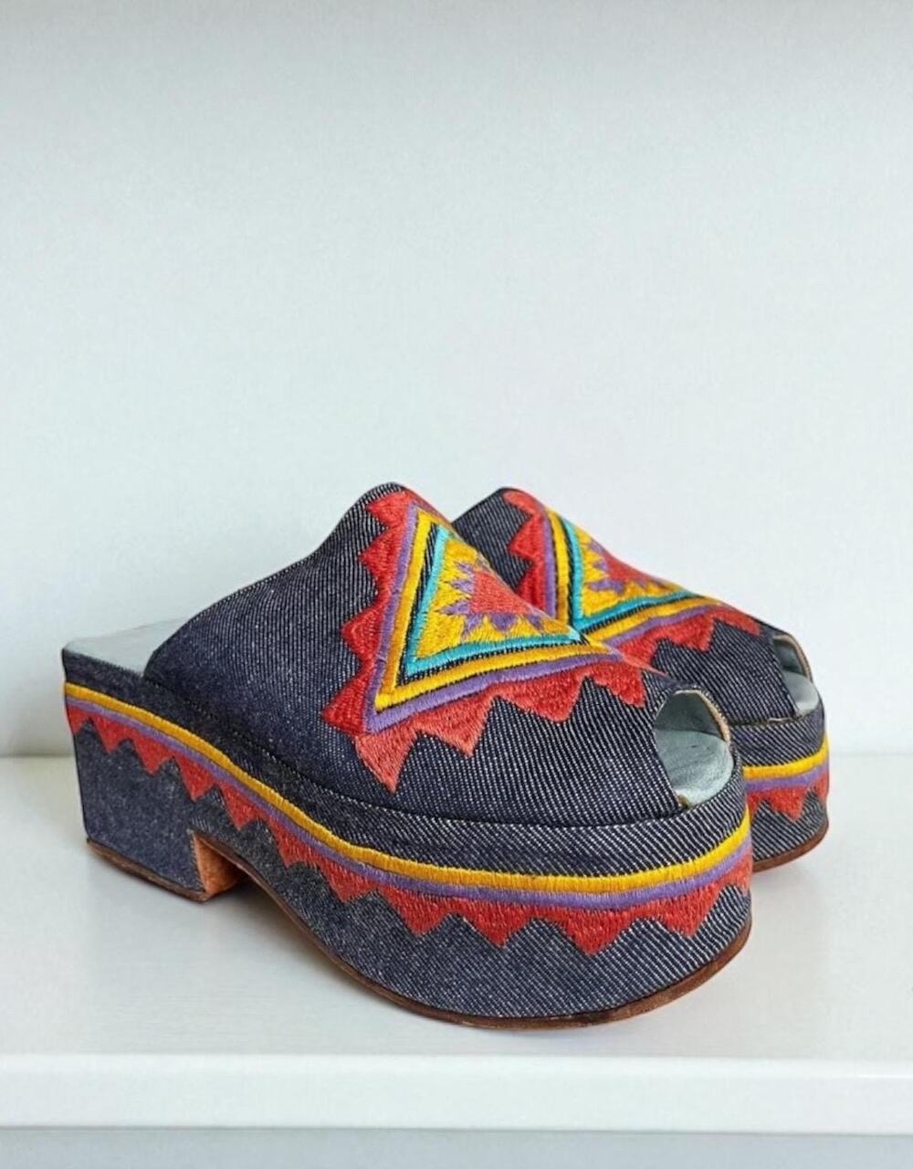 Vintage 70s Denim Platform Mules | Jerry Edouard Embroidered Mod Folk Clogs | 6